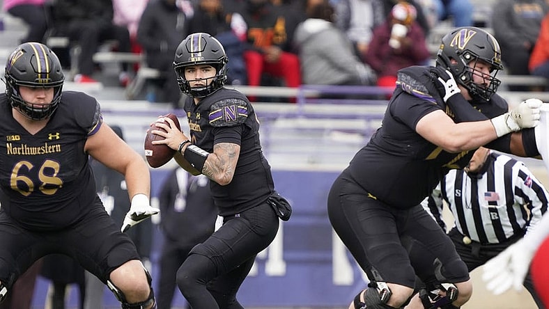 Oct 28, 2023; Evanston, Illinois, USA; Northwestern Wildcats quarterback Brendan Sullivan (6) looks to pass against the Maryland Terrapins during the first half at Ryan Field. Mandatory Credit: David Banks-USA TODAY Sports