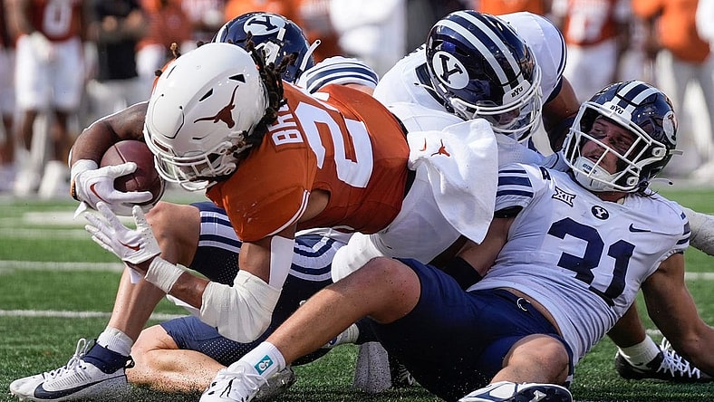 Texas Longhorns running back Jonathon Brooks scores a touchdown in the first quarter against the BYU Cougars at Royal-Memorial Stadium on Saturday October 28, 2023.