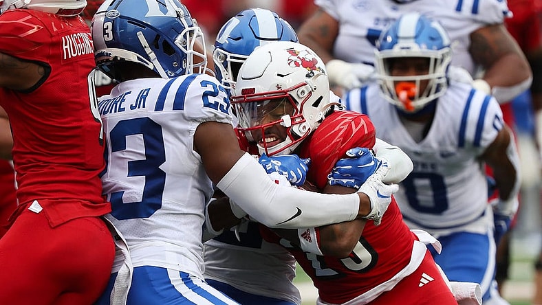 U of L's Jawhar Jordan (25) barreled his way through the Duke defense to score their first touchdown at the L&N Stadium in Louisville, Ky. on Oct. 28, 2023.