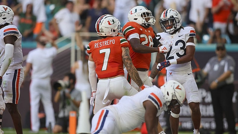 Oct 28, 2023; Miami Gardens, Florida, USA; Miami Hurricanes running back Ajay Allen (28) celebrates after scoring a touchdown against the Virginia Cavaliers during the third quarter at Hard Rock Stadium. Mandatory Credit: Sam Navarro-USA TODAY Sports