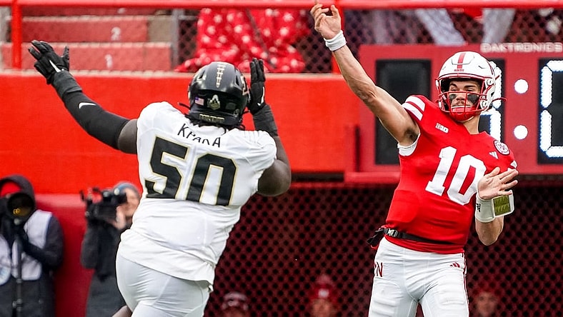 Oct 28, 2023; Lincoln, Nebraska, USA; Nebraska Cornhuskers quarterback Heinrich Haarberg (10) passes against the Purdue Boilermakers during the second quarter at Memorial Stadium. Mandatory Credit: Dylan Widger-USA TODAY Sports