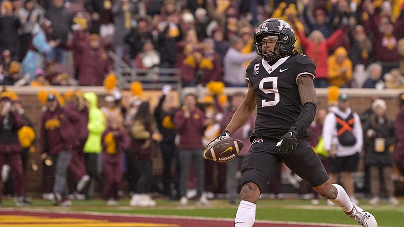Oct 28, 2023; Minneapolis, Minnesota, USA; Minnesota Golden Gophers wide receiver Daniel Jackson (9) scores a touchdown on a 22-yard pass reception against the Michigan State Spartans during the second quarter at Huntington Bank Stadium. Mandatory Credit: Nick Wosika-USA TODAY Sports