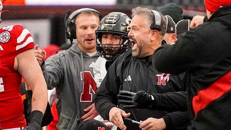 Oct 28, 2023; Lincoln, Nebraska, USA; Nebraska Cornhuskers head coach Matt Rhule reacts after a fourth down stop against the Purdue Boilermakers during the fourth quarter at Memorial Stadium. Mandatory Credit: Dylan Widger-USA TODAY Sports