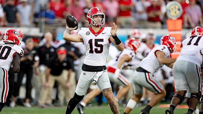 Georgia Bulldogs quarterback Carson Beck (15) throws the ball during the second half against the Florida Gators at Everbank Stadium in Jacksonville, FL on Saturday, October 28, 2023. [Matt Pendleton/Gainesville Sun]