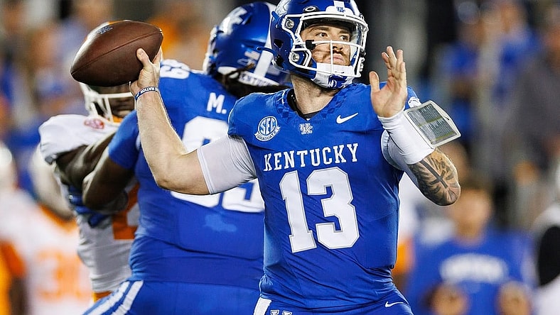 Oct 28, 2023; Lexington, Kentucky, USA; Kentucky Wildcats quarterback Devin Leary (13) passes during the second quarter against the Tennessee Volunteers at Kroger Field. Mandatory Credit: Jordan Prather-USA TODAY Sports