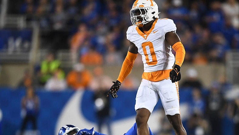 Kentucky wide receiver Barion Brown (7) after making a reception while covered by Tennessee defensive back Doneiko Slaughter (0) during an NCAA college football game on Saturday, October 28, 2023 in Lexington, KY.