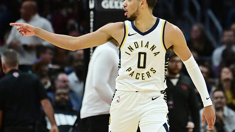 Oct 28, 2023; Cleveland, Ohio, USA; Indiana Pacers guard Tyrese Haliburton (0) taunts the crowd after shooting a three point basket during the second half against the Cleveland Cavaliers at Rocket Mortgage FieldHouse. Mandatory Credit: Ken Blaze-USA TODAY Sports
