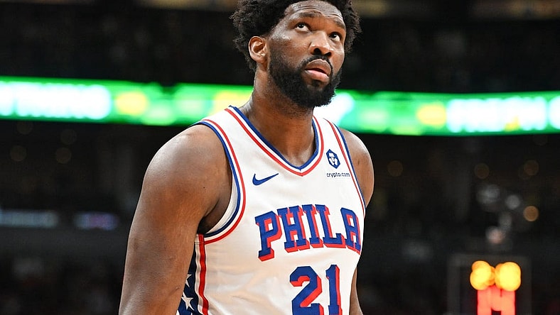 Oct 28, 2023; Toronto, Ontario, CAN;  Philadelphia 76ers center Joel Embiid (21) reacts to a foul call in the first half against the Toronto Raptors at Scotiabank Arena. Mandatory Credit: Dan Hamilton-USA TODAY Sports