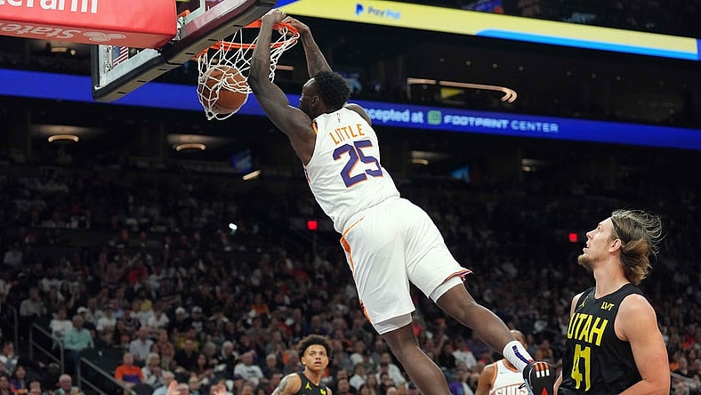 Oct 28, 2023; Phoenix, Arizona, USA; Phoenix Suns forward Nassir Little (25) dunks against the Utah Jazz during the second half at Footprint Center. Mandatory Credit: Joe Camporeale-USA TODAY Sports