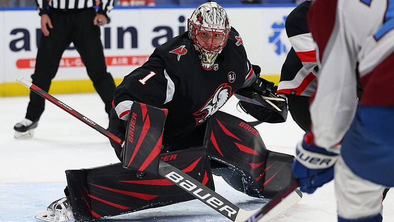 Oct 29, 2023; Buffalo, New York, USA;  Buffalo Sabres goaltender Ukko-Pekka Luukkonen (1) looks for the loose puck during the first period against the Colorado Avalanche at KeyBank Center. Mandatory Credit: Timothy T. Ludwig-USA TODAY Sports
