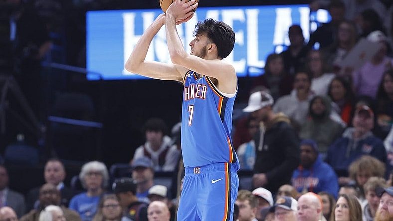 Oct 29, 2023; Oklahoma City, Oklahoma, USA; Oklahoma City Thunder forward Chet Holmgren (7) shoots against the Denver Nuggets during the second quarter at Paycom Center. Mandatory Credit: Alonzo Adams-USA TODAY Sports