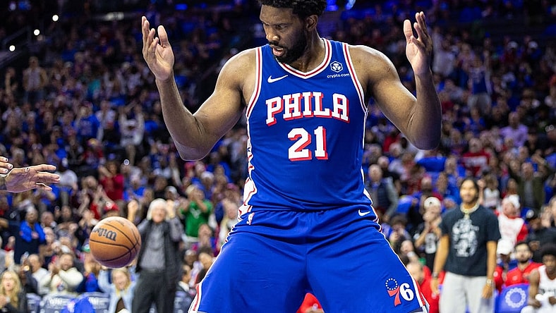 Oct 29, 2023; Philadelphia, Pennsylvania, USA; Philadelphia 76ers center Joel Embiid (21) reacts after a score against the Portland Trail Blazers during the third quarter at Wells Fargo Center. Mandatory Credit: Bill Streicher-USA TODAY Sports
