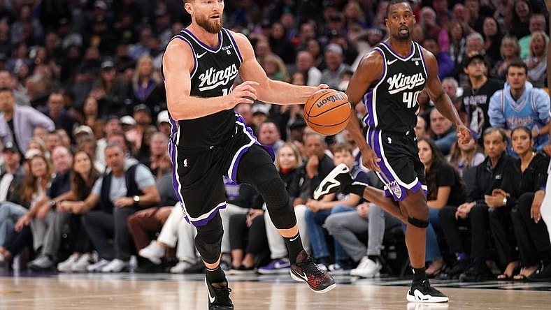 Oct 29, 2023; Sacramento, California, USA; Sacramento Kings forward Domantas Sabonis (10) dribbles the ball against the Los Angeles Lakers in the fourth quarter at the Golden 1 Center. Mandatory Credit: Cary Edmondson-USA TODAY Sports
