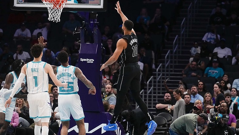 Oct 30, 2023; Charlotte, North Carolina, USA; Brooklyn Nets guard Ben Simmons (10) attempts a shot against the Charlotte Hornets during the first quarter at Spectrum Center. Mandatory Credit: Jim Dedmon-USA TODAY Sports