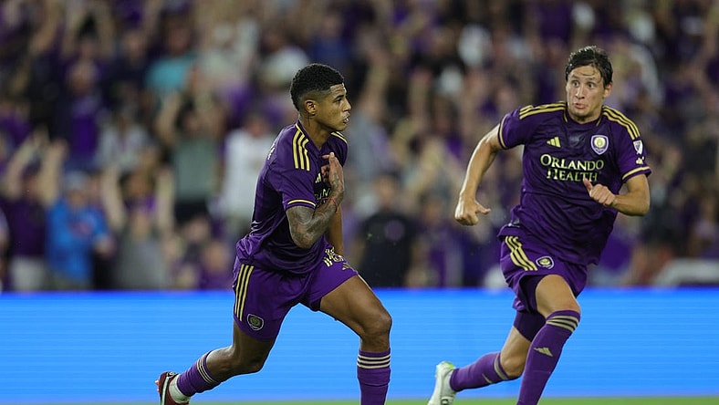 Oct 30, 2023; Orlando, Florida, USA; Orlando City midfielder Wilder Cartagena (16) celebrates a goal in the first half against the Nashville SC of game one in a round one match of the 2023 MLS Cup Playoffs at Exploria Stadium. Mandatory Credit: Nathan Ray Seebeck-USA TODAY Sports