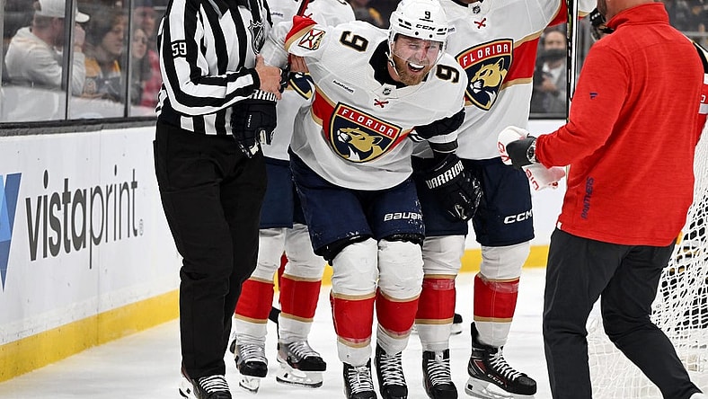 Oct 30, 2023; Boston, Massachusetts, USA; Florida Panthers center Sam Bennett (9) is helped off of the ice during the second period of a game against the Boston Bruins at the TD Garden. Mandatory Credit: Brian Fluharty-USA TODAY Sports
