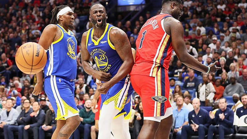 Oct 30, 2023; New Orleans, Louisiana, USA; Golden State Warriors forward Draymond Green (23) reacts to a foul call in the first quarter at Smoothie King Center. Mandatory Credit: Matthew Dobbins-USA TODAY Sports
