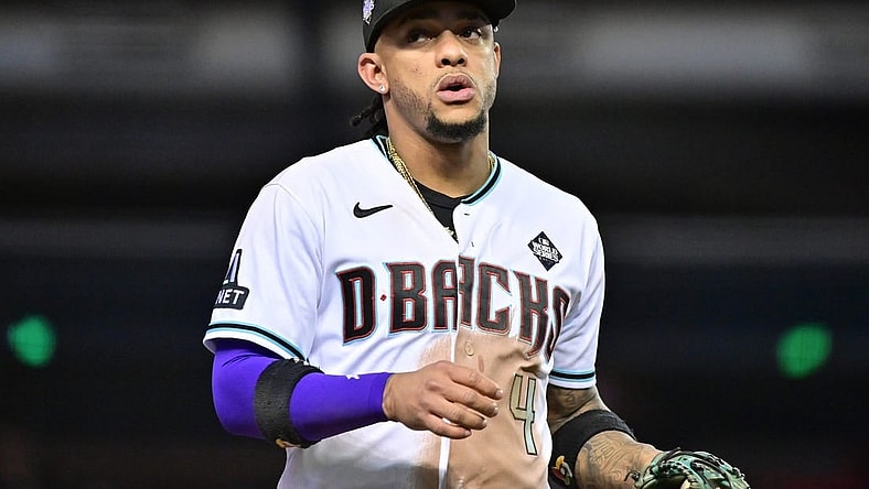 Oct 30, 2023; Phoenix, Arizona, USA; Arizona Diamondbacks second baseman Ketel Marte (4) looks on in the fifth inning against the Texas Rangers in game three of the 2023 World Series at Chase Field. Mandatory Credit: Matt Kartozian-USA TODAY Sports