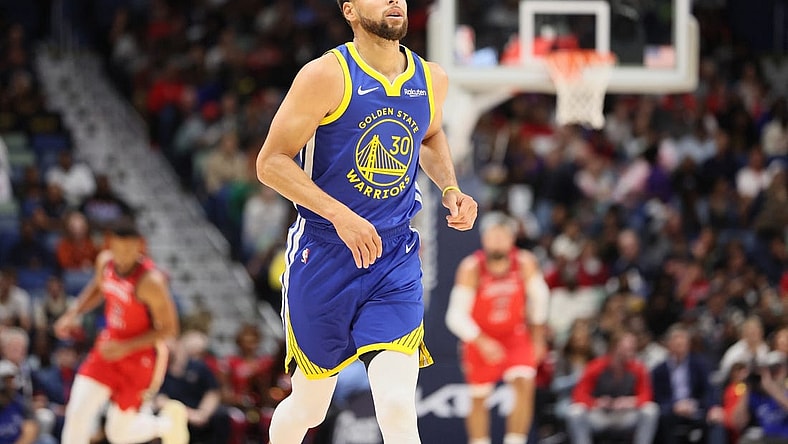 Oct 30, 2023; New Orleans, Louisiana, USA; Golden State Warriors guard Stephen Curry (30) runs down the court after making a 3-point shot in the first quarter at Smoothie King Center. Mandatory Credit: Matthew Dobbins-USA TODAY Sports