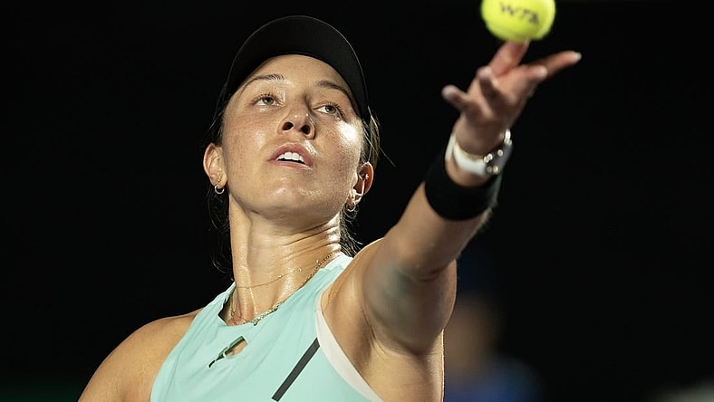 Oct 31, 2023; Cancun, Mexico; Jessica Pegula (USA) tosses the ball to serve during her match against Aryna Sabalenka on day three of the GNP Saguaros WTA Finals Cancun. Mandatory Credit: Susan Mullane-USA TODAY Sports
