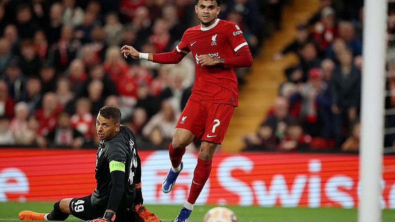 Europa League - Group E - Liverpool v Union Saint-Gilloise - Anfield, Liverpool, Britain - October 5, 2023 Liverpool's Luis Diaz in action with Union Saint-Gilloise's Anthony Moris.