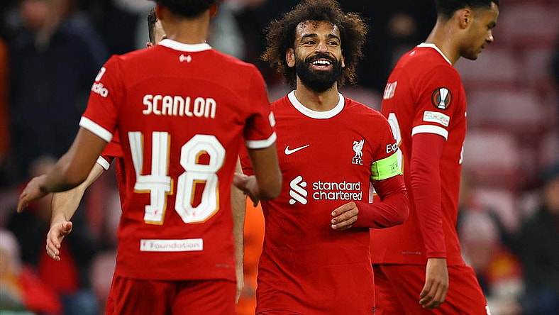 October 26, 2023 Liverpool's Mohamed Salah celebrates scoring their fifth goal against Toulouse in Europa League action.
