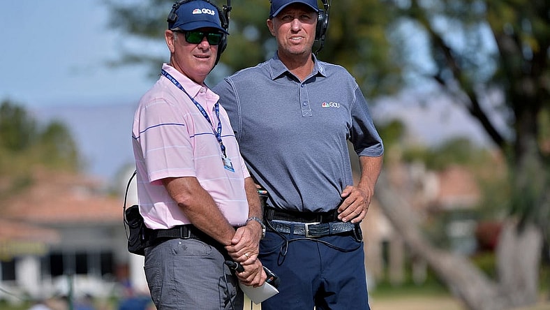 Jan 19, 2020; La Quinta, California, USA; Golf Channel on-course reporters Curt Byrum (L) and Jim MacKay look on during the final round of The American Express golf tournament at Stadium course at PGA West. Mandatory Credit: Orlando Ramirez-USA TODAY Sports