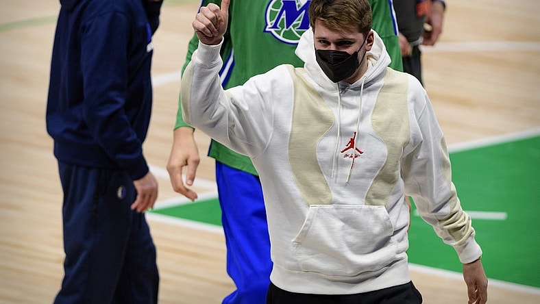 Dallas Mavericks guard Luka Doncic (77) gives a thumbs up to the crowd as he walks off the court after the game between the Dallas Mavericks and the Oklahoma City Thunder at the American Airlines Center. Mandatory Credit: Jerome Miron-USA TODAY Sports