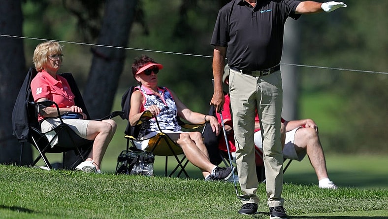 Shane Bertsch reacts as his ball stops short of the hole on No. 11 during the first round of the Bridgestone Senior Players Championship at Firestone Country Club on Thursday, June 24, 2021, in Akron, Ohio.

Bridgestone24 14