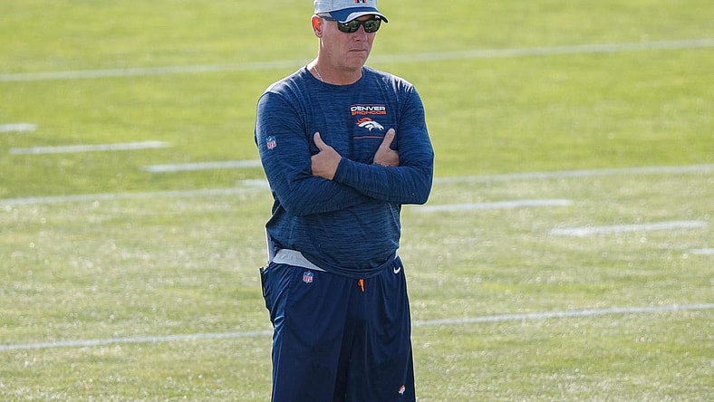 Jul 28, 2021; Englewood, CO, United States; Denver Broncos offensive coordinator Pat Shurmur looks on during training camp at UCHealth Training Complex. Mandatory Credit: Isaiah J. Downing-USA TODAY Sports