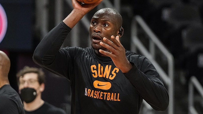 Feb 3, 2022; Atlanta, Georgia, USA; Phoenix Suns center Bismack Biyombo (18) warms up on the court prior to the game against the Atlanta Hawks at State Farm Arena. Mandatory Credit: Dale Zanine-USA TODAY Sports