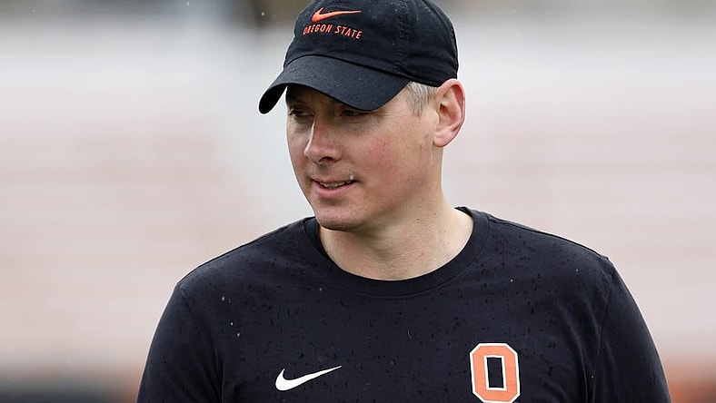 Apr 16, 2022; Corvallis, OR, USA; Oregon State interim defensive coordinator Trent Bray looks on during the Oregon State spring football game at Reser Stadium. Mandatory Credit: Soobum Im-USA TODAY Sports