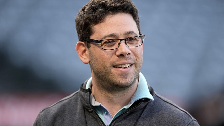 May 9, 2022; Anaheim, California, USA; Tampa Bay Rays general manager Peter Bendix before the game against the Los Angeles Angels at Angel Stadium. Mandatory Credit: Kirby Lee-USA TODAY Sports