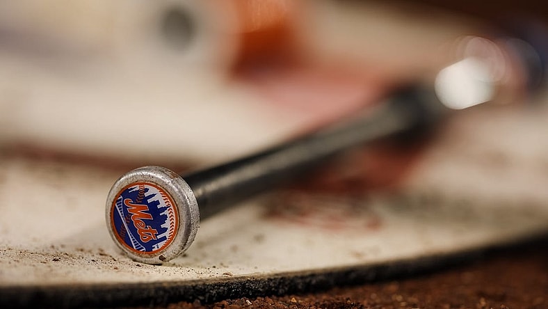 May 11, 2022; Washington, District of Columbia, USA; A detailed view of the New York Mets logo on a bat during the game between the Washington Nationals and the New York Mets at Nationals Park. Mandatory Credit: Scott Taetsch-USA TODAY Sports