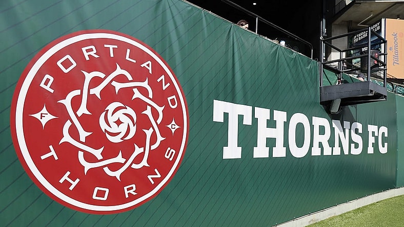 May 18, 2022; Portland, Oregon, USA; Portland Thorns FC logo is pictured at Providence Park. Mandatory Credit: Soobum Im-USA TODAY Sports