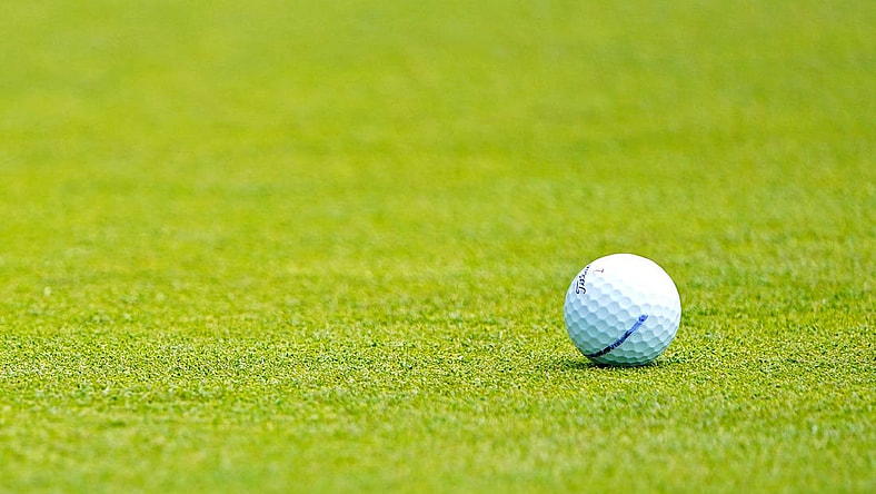 Jun 15, 2022; Brookline, Massachusetts, USA; A view of a ball on the 10th green during a practice round of the U.S. Open golf tournament at The Country Club. Mandatory Credit: John David Mercer-USA TODAY Sports