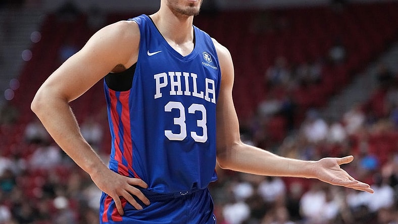 Jul 10, 2022; Las Vegas, NV, USA; Philadelphia 76ers forward Filip Petrusev (33) reacts during an NBA Summer League game against the Brooklyn Nets at T&M. Mandatory Credit: Stephen R. Sylvanie-USA TODAY Sports