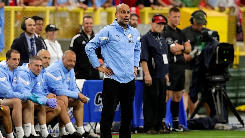 Manchester City manager Pep Guardiola watches a play during the team's exhibition match against FC Bayern Munich at Lambeau Field on July 23, 2022, in Green Bay, Wis.
Gpg Lambeausoccer 072322 Sk48