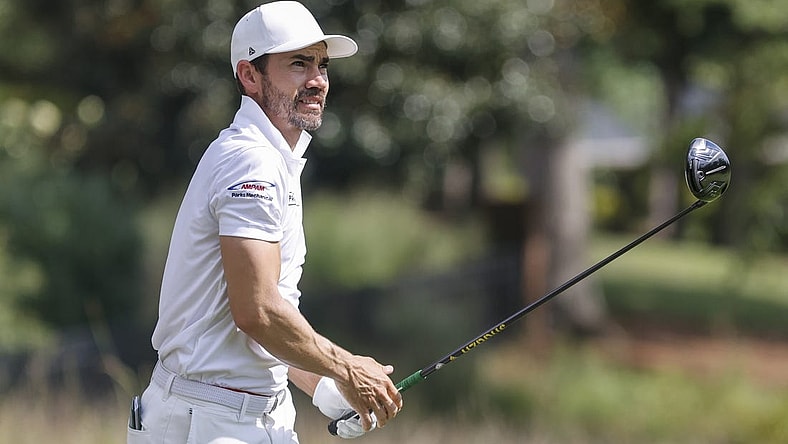 Aug 5, 2022; Greensboro, North Carolina, USA; Camilo Villegas watches his shot off the 9th tee box during the second round of the Wyndham Championship golf tournament. Mandatory Credit: Nell Redmond-USA TODAY Sports