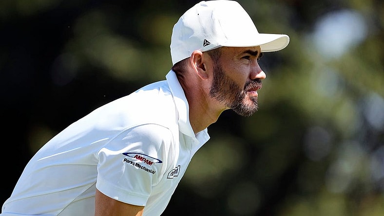 Aug 25, 2022; Columbus, OH, USA; Camilo Villegas watches his tee shot on the 9th hole during Round 1 of the Nationwide Children's Hospital Championship at Scarlet Course in Columbus, Ohio on August 25, 2022.

Ceb Korn Ferry Kwr 23