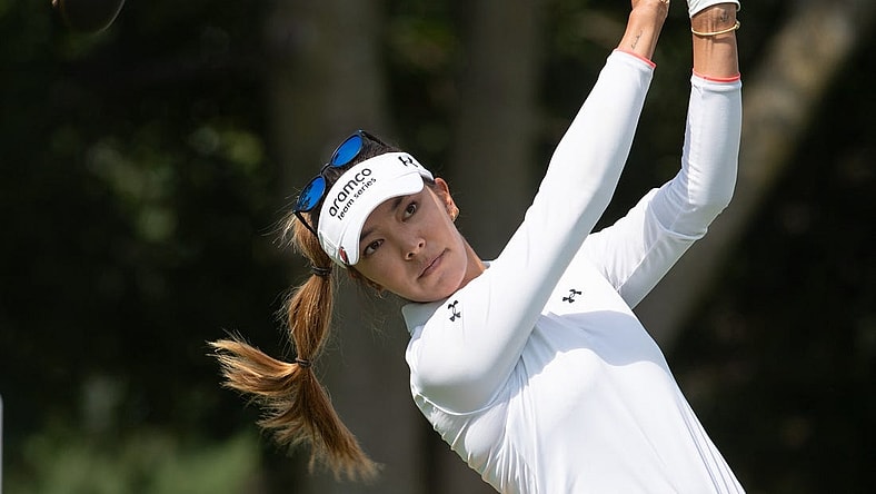 Aug 25, 2022; Ottawa, Ontario, CAN; Alison Lee of the United States tees off during the first round of the CP Women's Open golf tournament. Mandatory Credit: Marc DesRosiers-USA TODAY Sports
