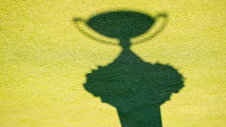 Aug 28, 2022; Atlanta, Georgia, USA; General view of the FedEx Cup trophy   s shadow after the final round of the TOUR Championship golf tournament. Mandatory Credit: Adam Hagy-USA TODAY Sports