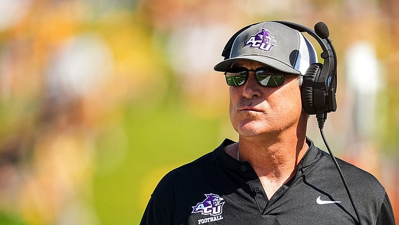 Sep 17, 2022; Columbia, Missouri, USA; Abilene Christian Wildcats head coach Keith Patterson looks on during the first half against the Missouri Tigers at Faurot Field at Memorial Stadium. Mandatory Credit: Jay Biggerstaff-USA TODAY Sports