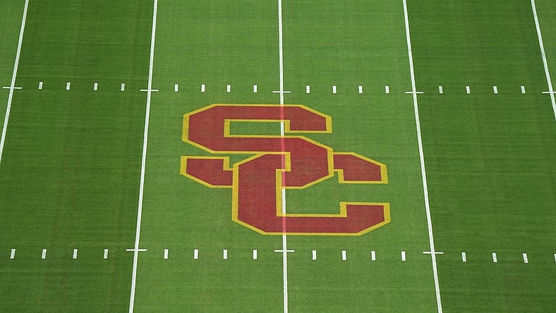 Sep 17, 2022; Los Angeles, California, USA; The SC Trojans logo at midfield at United Airlines Field at Los Angeles Memorial Coliseum before a game between the Fresno State Bulldogs and the Southern California Trojans. Mandatory Credit: Kirby Lee-USA TODAY Sports