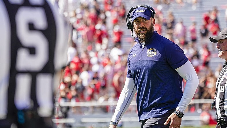 Sep 24, 2022; Athens, Georgia, USA; Kent State Golden Flashes head coach Sean Lewis on the field during a time out against the Georgia Bulldogs during the second half at Sanford Stadium. Mandatory Credit: Dale Zanine-USA TODAY Sports