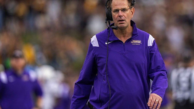 Sep 24, 2022; Boone, North Carolina, USA; James Madison Dukes head coach Curt Cignetti walks the sideline during a game against the Appalachian State Mountaineers at Kidd Brewer Stadium. Mandatory Credit: David Yeazell-USA TODAY Sports