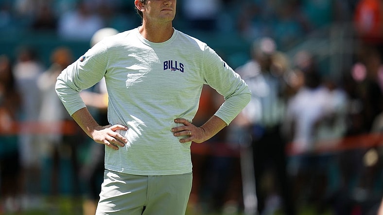 Sep 25, 2022; Miami Gardens, Florida, USA; Buffalo Bills offensive coordinator Ken Dorsey stands on the field prior to the game between the Miami Dolphins and the Buffalo Bills at Hard Rock Stadium. Mandatory Credit: Jasen Vinlove-USA TODAY Sports