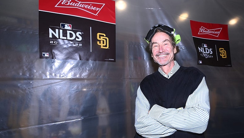 Oct 15, 2022; San Diego, California, USA; San Diego Padres owner Peter Seidler celebrates defeating the Los Angeles Dodgers during game four of the NLDS for the 2022 MLB Playoffs at Petco Park. Mandatory Credit: Orlando Ramirez-USA TODAY Sports