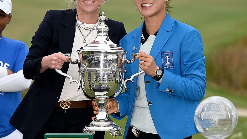 Lydia Ko with LPGA commissioner Mollie Marcoux Samaan being award the player of the year trophy after winning the 2022 CME Group Tour Golf Championship at the Tiburon Golf Club in Naples, Fla., Sunday, Nov. 20, 2022.  (Chris Tilley)

Lpga 3