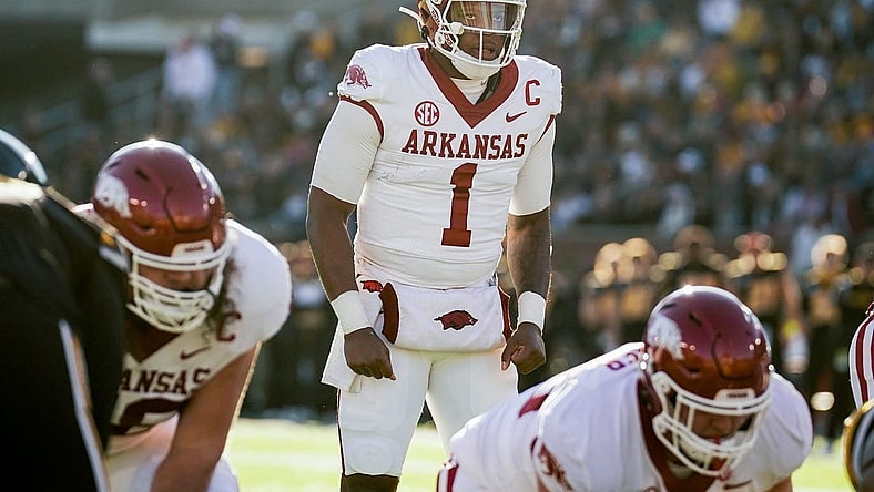 Nov 25, 2022; Columbia, Missouri, USA; Arkansas Razorbacks quarterback KJ Jefferson (1) against the Missouri Tigers during the game at Faurot Field at Memorial Stadium. Mandatory Credit: Denny Medley-USA TODAY Sports